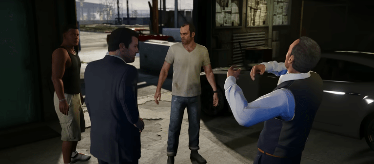 An in game screenshot of the Grand Theft Auto V protagonists.