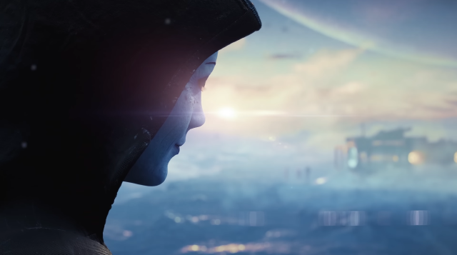 A cloaked, blue-faced humanoid looks to a group of people and ship as the sun rises.