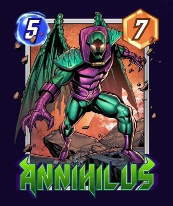 Annihilus card, showing his green and purple armor while he is above the rocks.