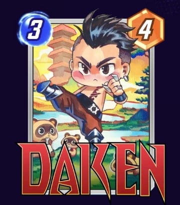 Daken card, topless and showing his claws while kicking in front of little bears