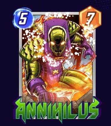 Annihilus card, showing his armor while being in front of a sparkling area