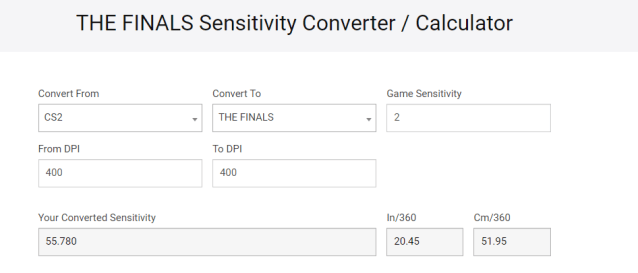 The screenshot shows a THE FINALS sensitivity converter. The person is converting their mouse sensitivity from CS2 to THE FINALS.