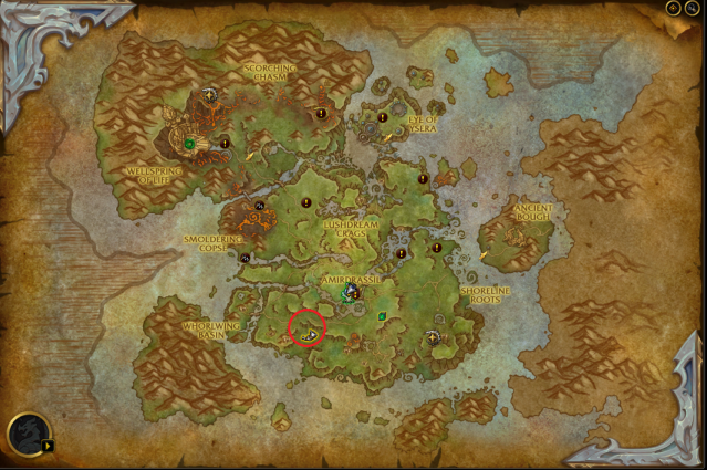 Map of the Emerald Dream showing the exact location of Small Somnut treasure