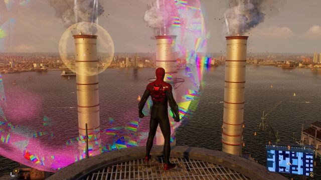 Spider-Man and three smoke stacks