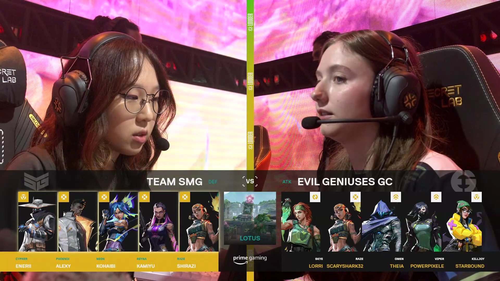 Agent selection screen from VALORANT Game Changers Championship 2023 match between Team SMG and Evil Geniuses.