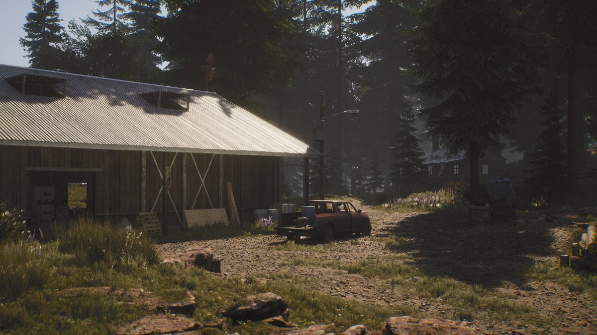 Screenshot from The Day Before. It shows a house, a car, and a bunch of trees.