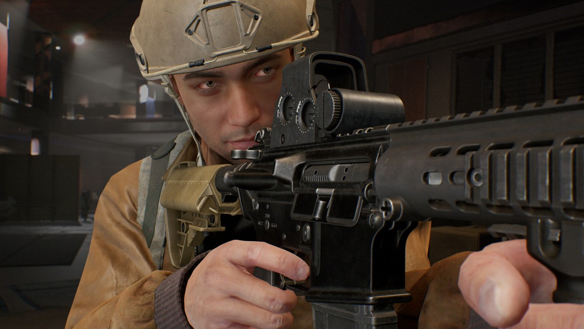 The image shows a male soldier in the game The Day Before. The Soldier is wearing a helmet and is holding a rifle.