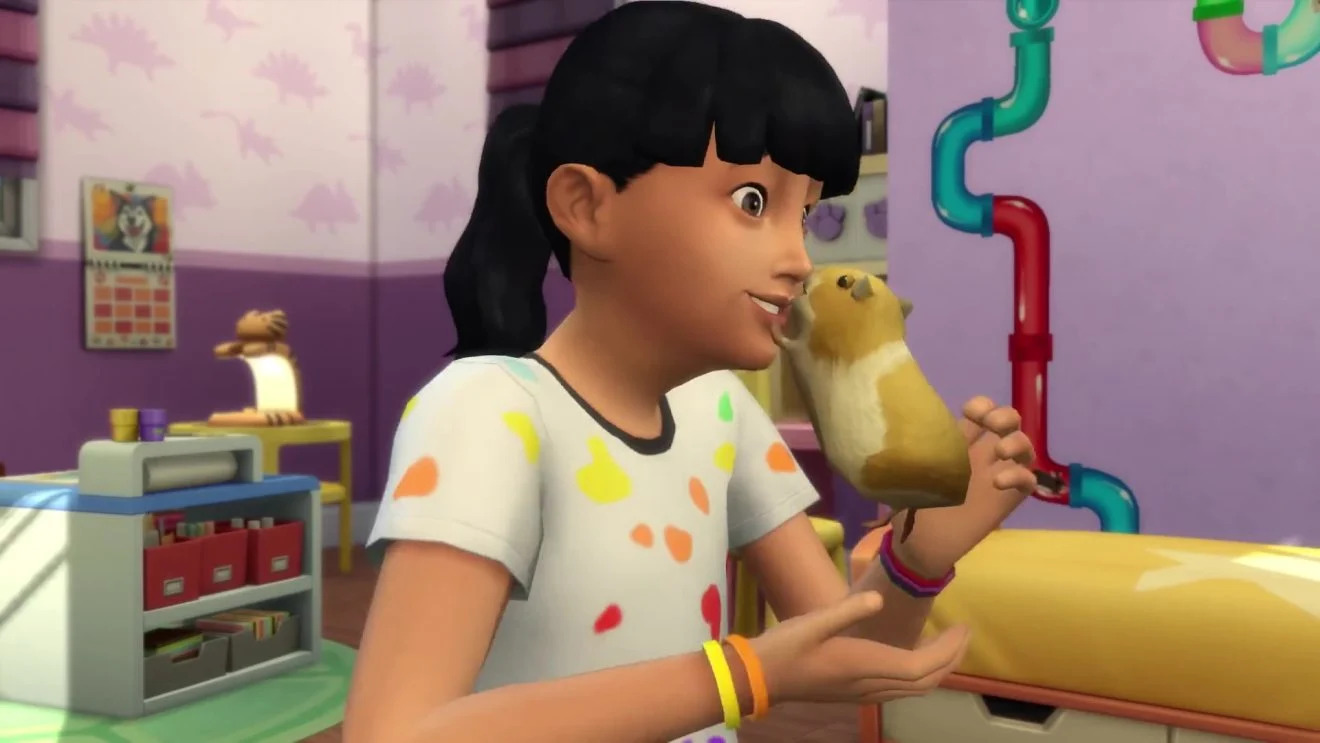 An in game image of a Sim child with the hamster pet from The Sims 4.