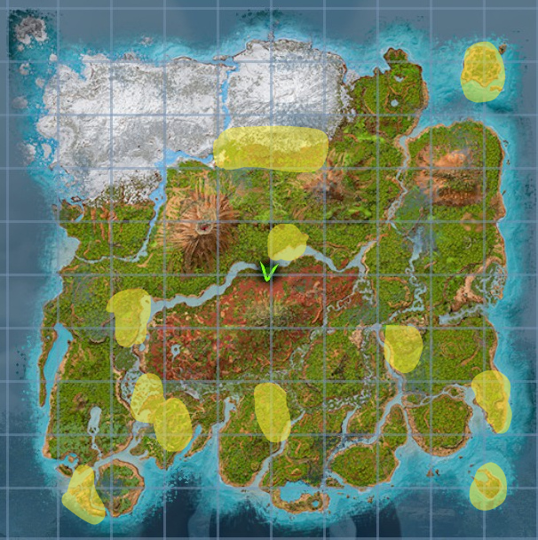 A screenshot of the map in Ark: Survival Ascended showing Unicorn spawn locations.