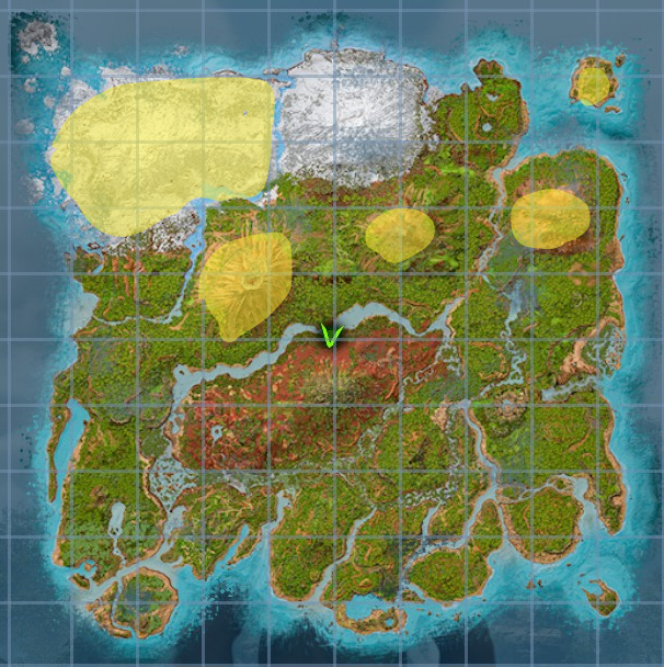 A screenshot of the map in Ark: Survival Ascended with Obsidian locations highlighted.