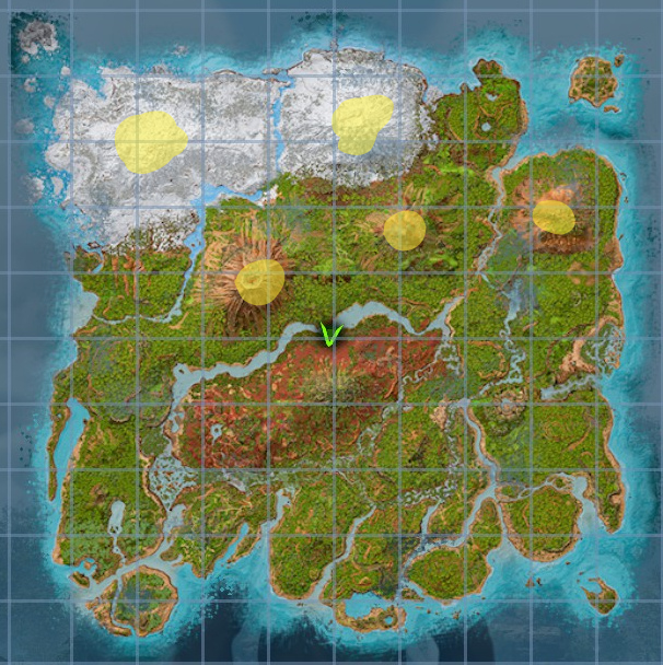 A screenshot of The Island map in Ark: Survival Ascended showing Carcharodontosaurus spawn locations.