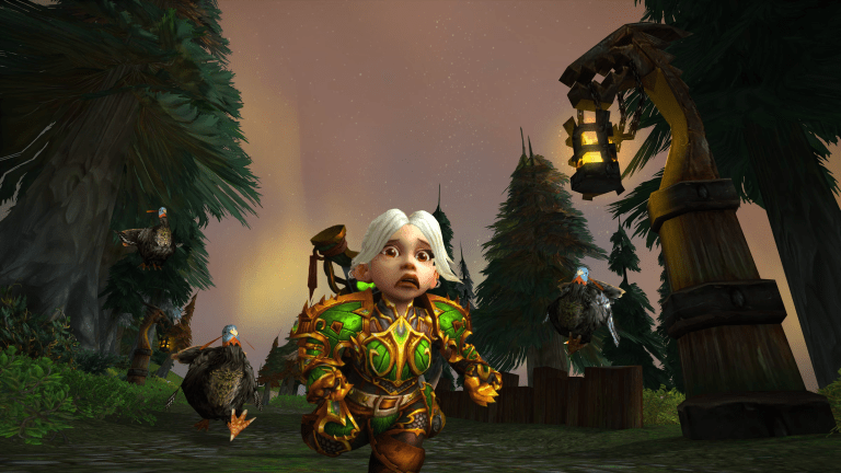 Gnome running away from two turkeys in WoW