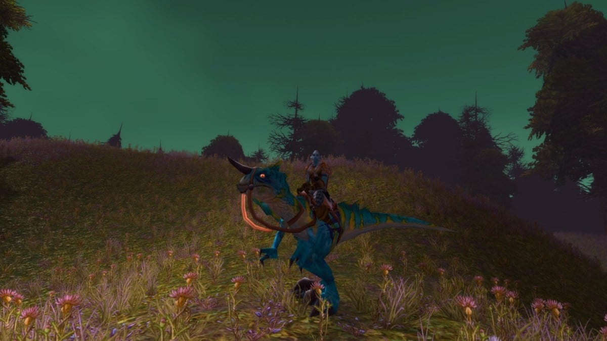 WoW Classic Shaman riding a raptor mount in Tirisfal Glades