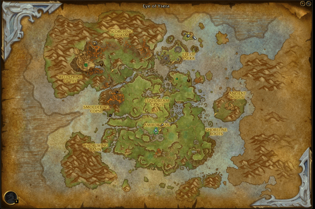 Image of the map in WoW Dragonflight showing the Emerald Dream region and the location of Thaelishar Groveheart.