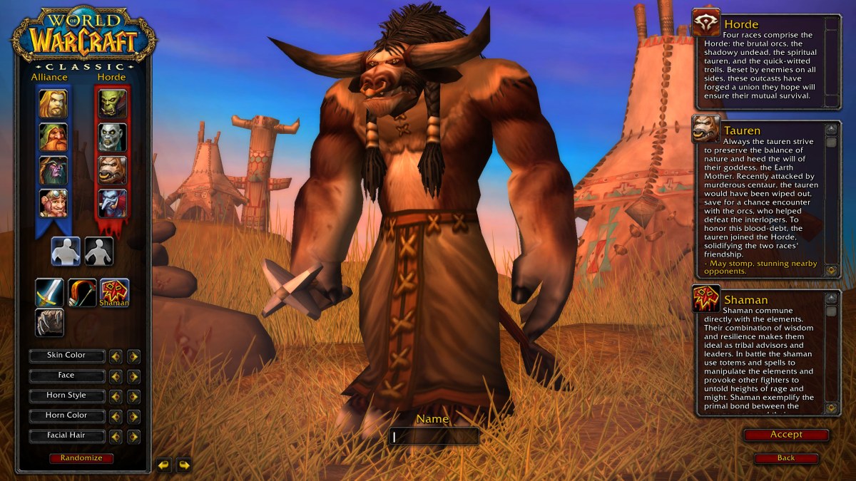 Tauren Shaman standing on the character creator screen