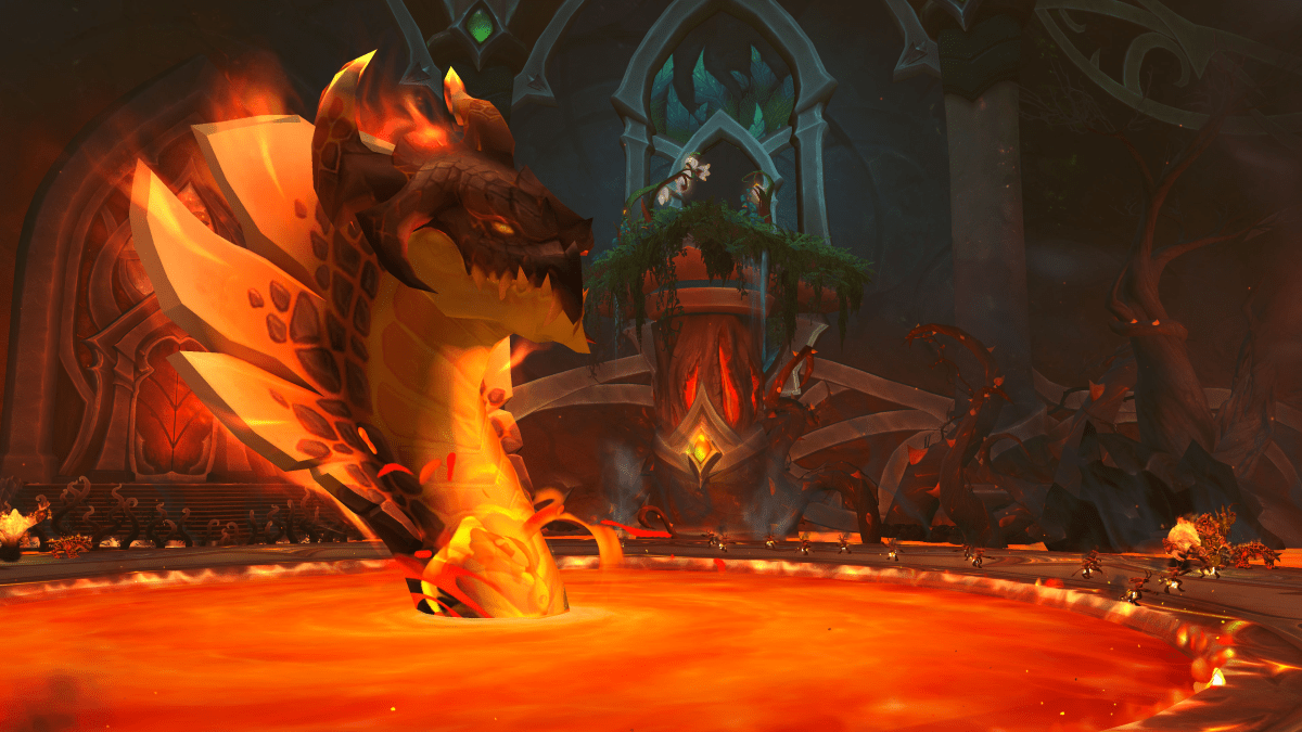 Lava Serpent, named Volcoross, inside the Emerald Dream's new raid, Amirdrassil, the Dream's Hope, in WoW Dragonflight