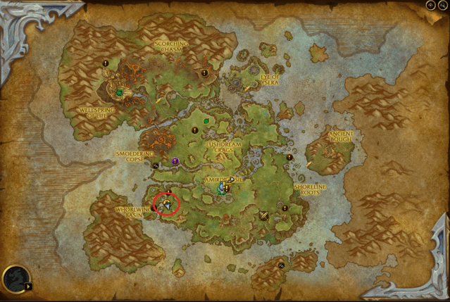 Map of the Emerald Dream showing the location of the Claws of Concern quest.