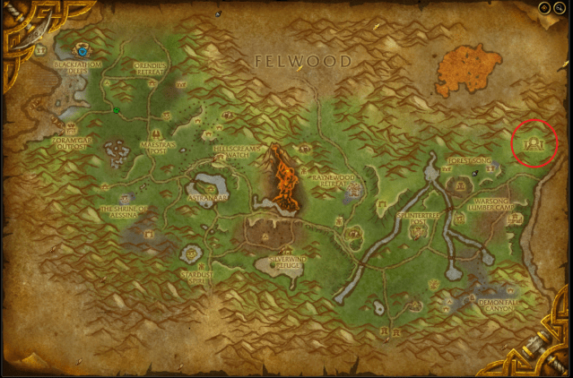 Map of Ashenvale showing the exact location of Taerar.