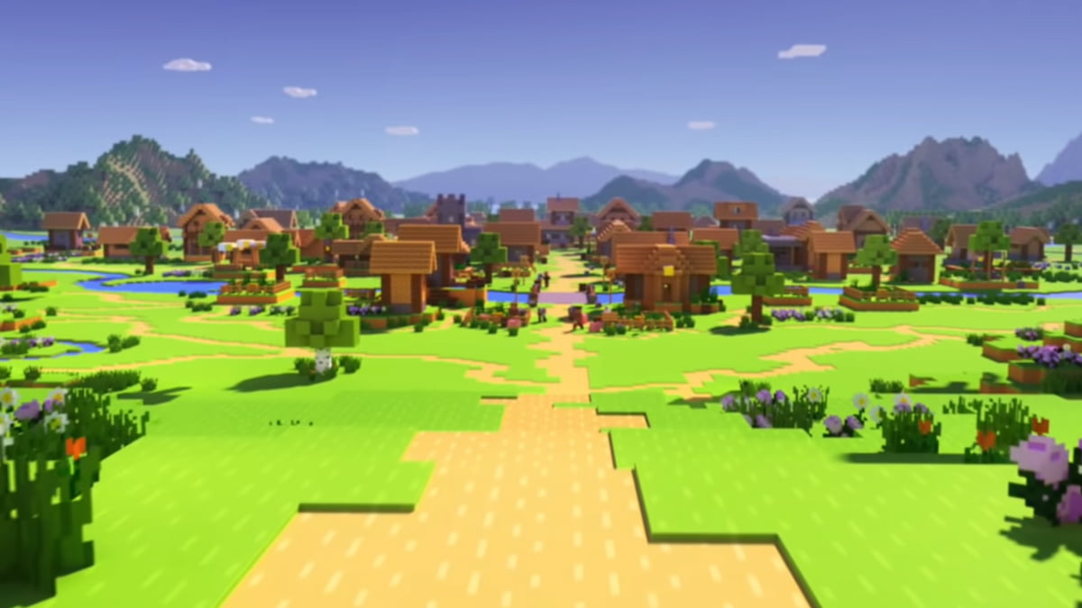 A path leading to a village in the distance in Minecraft.