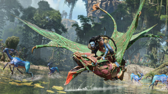 A member of the Na'vi flying a Mountain Banshee in Avatar: Frontiers of Pandora game.