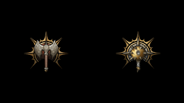 The BG3 symbol for a Barbarian, a greataxe, and a Cleric, a morningstar, sit on a black background.