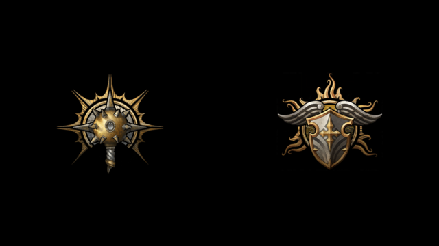 The BG3 symbols for Cleric, a morningstar, and Paladin, a winged shield, sit on a black background.