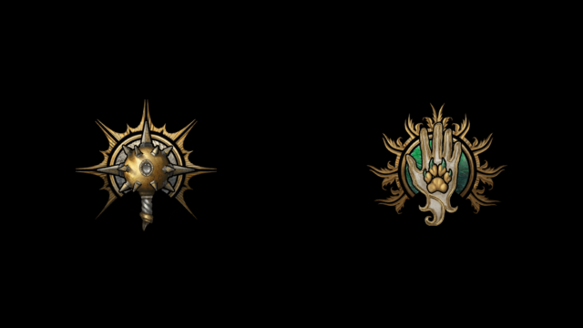 The BG3 symbols for Cleric, a morningstar, and Ranger, a paw in a palm, sit on a black background.