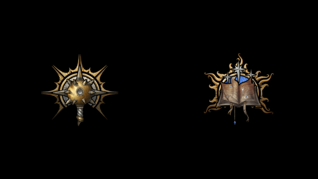 The BG3 symbols for Cleric, a morningstar, and Wizard, a book, sit on a black background.