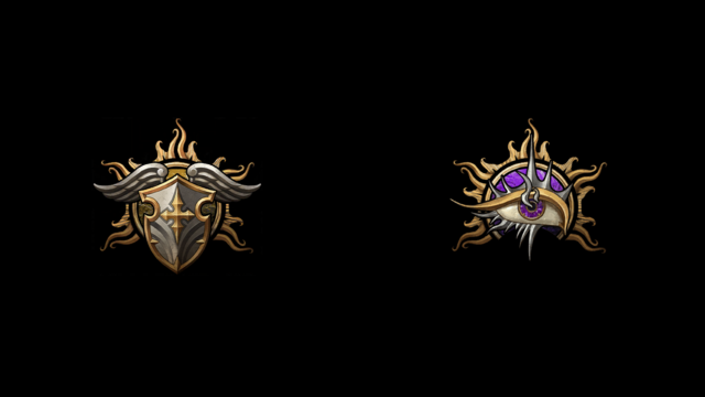 The BG3 symbols for a Paladin (a shield with wings) and the Warlock (an eye with arcane energy) sit on a black background.