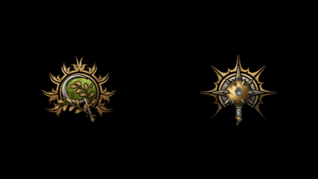 The BG3 symbols for a Druid, a sickle with a twig, and a Cleric, a morningstar, sit on a black background