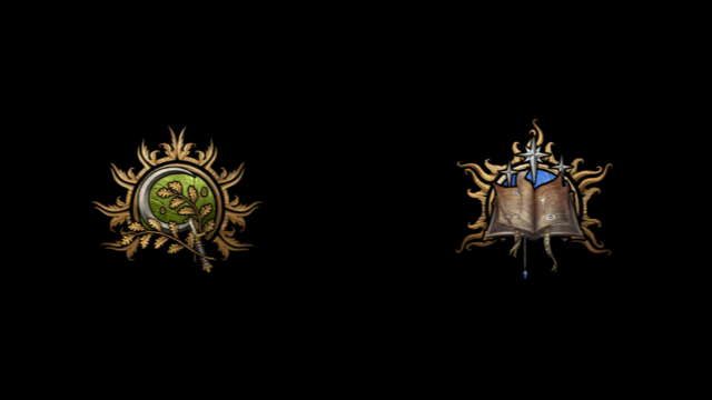 The BG3 symbols for a Druid, a sickle with a twig, and a Wizard, a spellbook, sit on a black background.