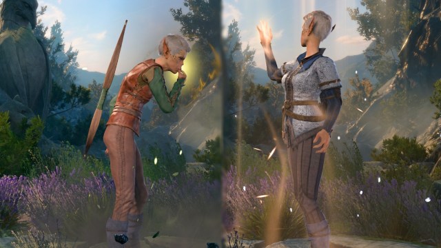 A thin woman with pocket-marked skin is shown in two forms; one the leather armor of a ranger, on the chain mail of a cleric, in the BG3 level screen.