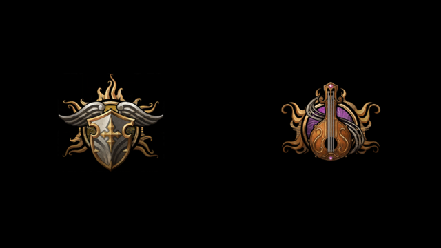 The BG3 symbols for a Paladin (winged shield) and a bard (guitar) sit on a black background.