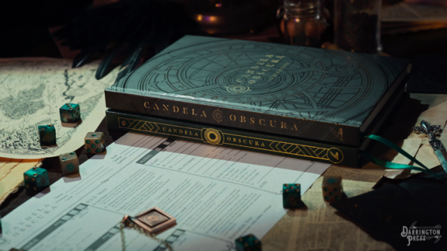 A book, detailing the Candela Obscura name, sits on a character sheet between dice on a table.