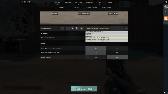 The crosshair profile menu in VALORANT.