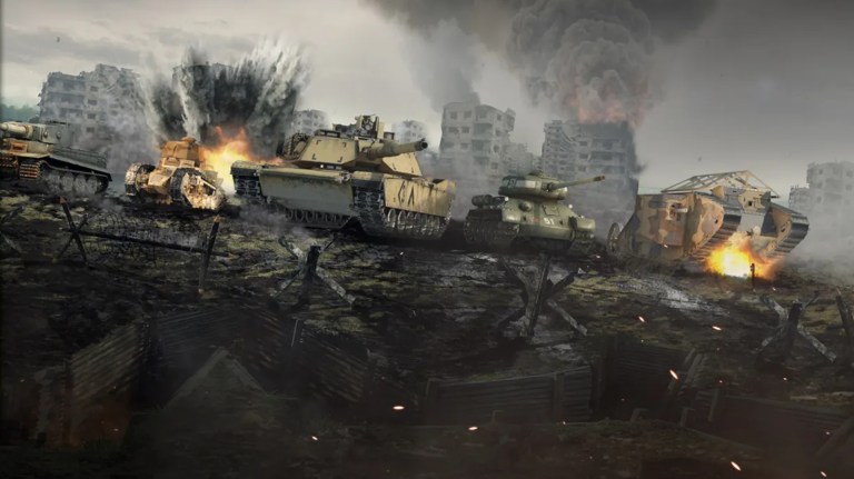 An image from Arms Trade Tycoon: Tanks where several tanks are in pitched battle with a menu screen to the left side