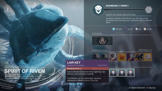 A vendor screen for Spirit of Riven is displayed, with the player hovering over a rank reward that grants a Lair Key.