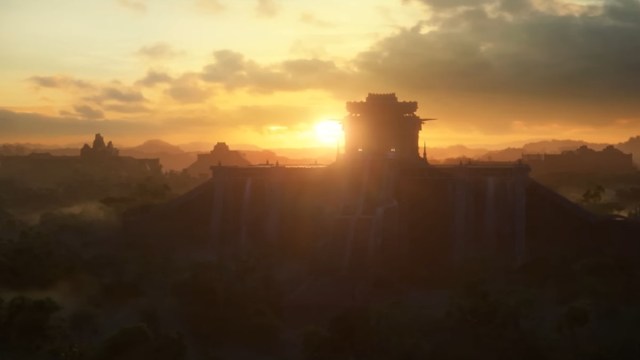 A temple bathed in light as the sun sets over a jungle in Diablo 4.