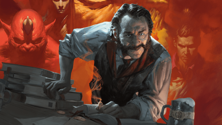 A man with a trimmed mustache and a yellow vest rests an arm on a table, multiple images of villains behind him, in DnD 5E.