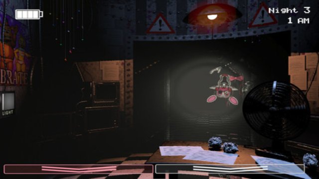 Flashlight shining on Foxy's face in hallway of Fnaf 2