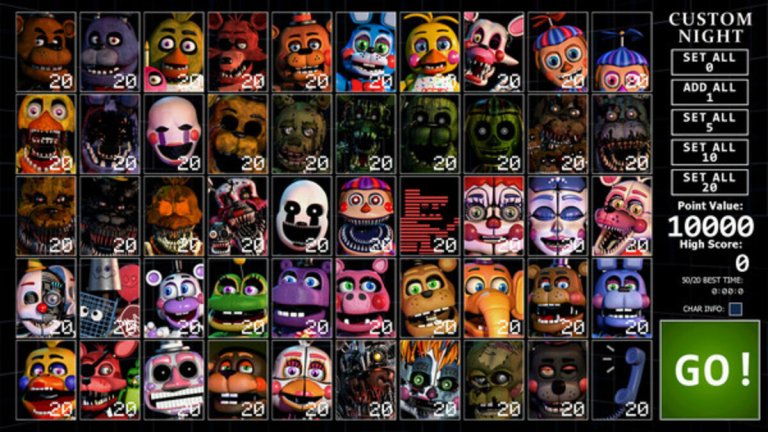 Ultimate Custom Night main menu to set challenges and enable animatronics