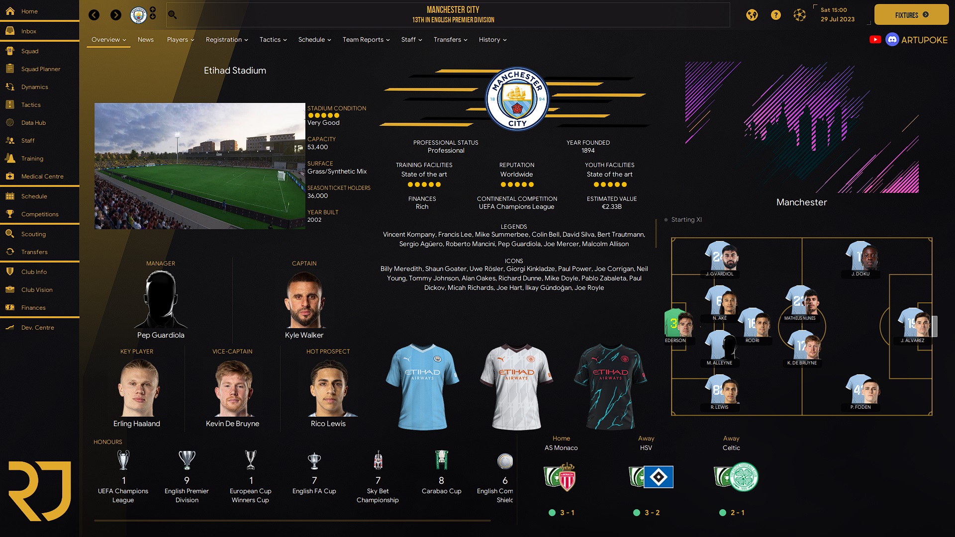 Manchester City club overview with Dark Gold skin in Football Manager 2024