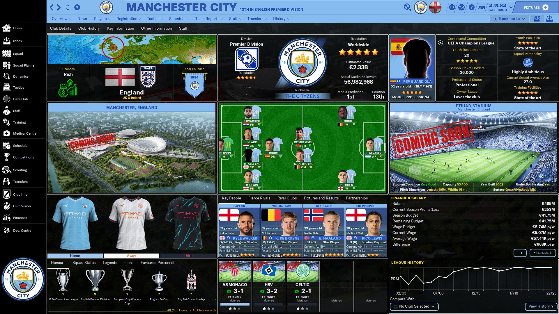 Manchester City club overview with FLUT skin in Football Manager 2024