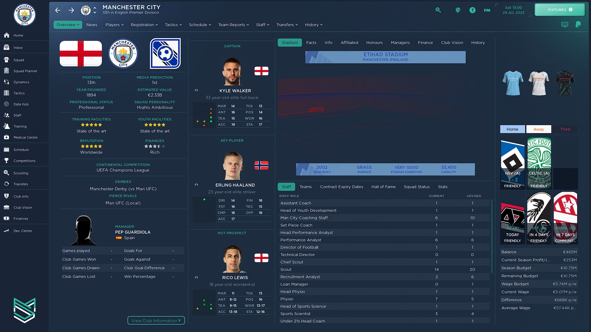 Manchester City club overview with Material skin in Football Manager 2024
