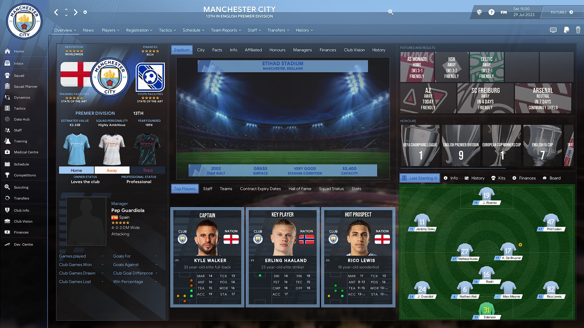 Manchester City club overview with OPZ Elite skin in Football Manager 2024
