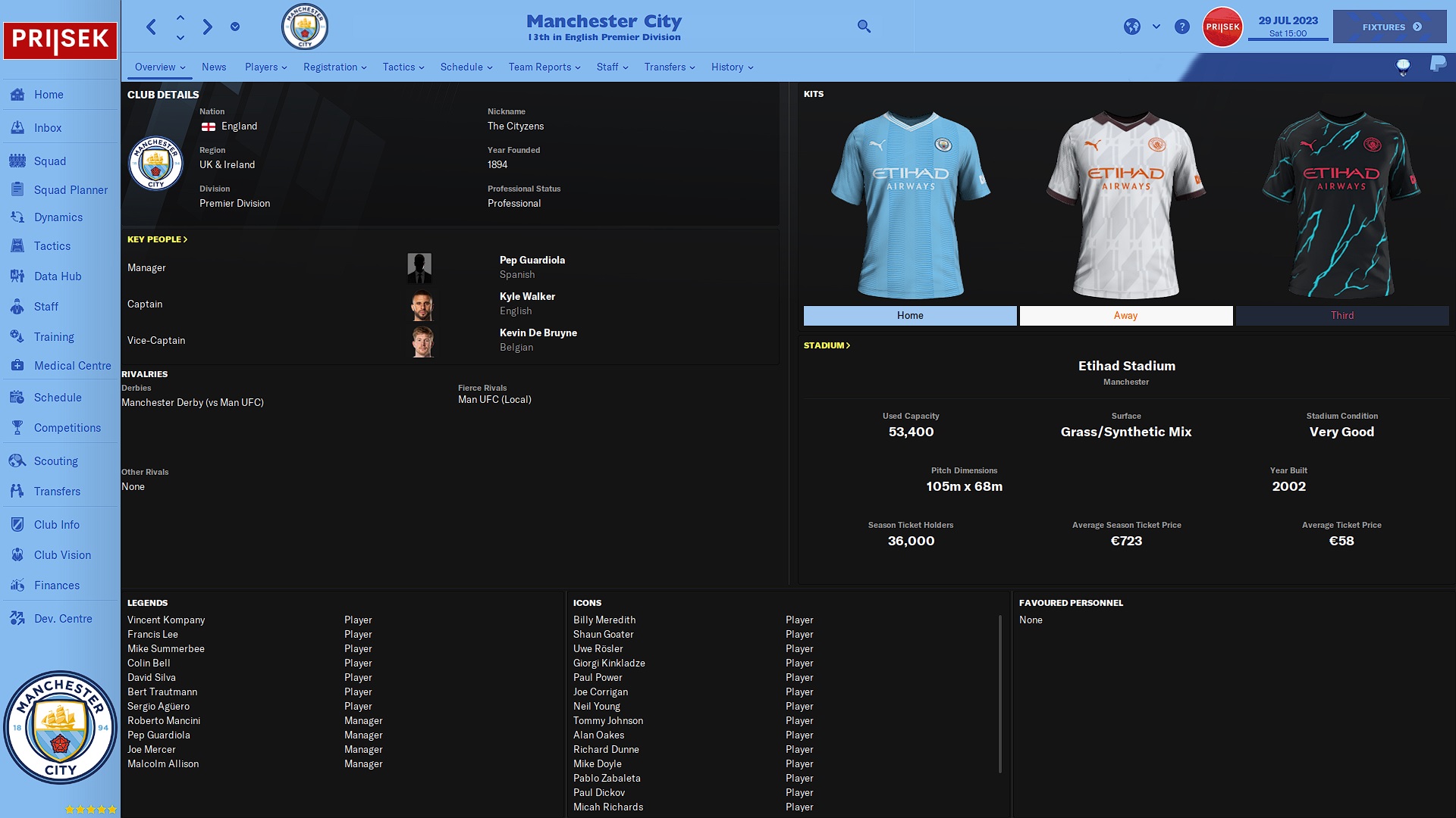 Manchester City club overview with Priisek skin in Football Manager 2024