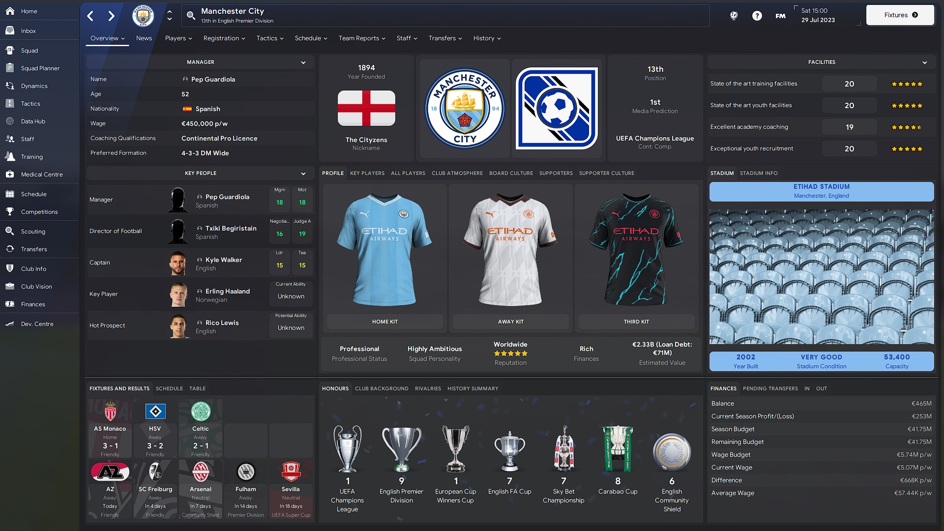 Manchester City club overview with Tato24 skin in Football Manager 2024