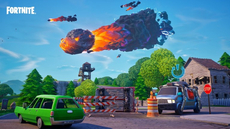 Meteors flying in the sky above the Fortnite island.