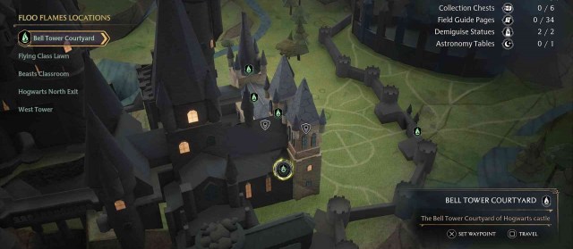 The Hogwarts Legacy floo flame location for bell tower courtyard