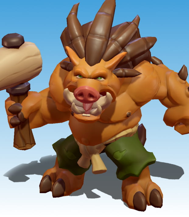 A boar-like creature wearing green shorts and holding a wooden hammer.